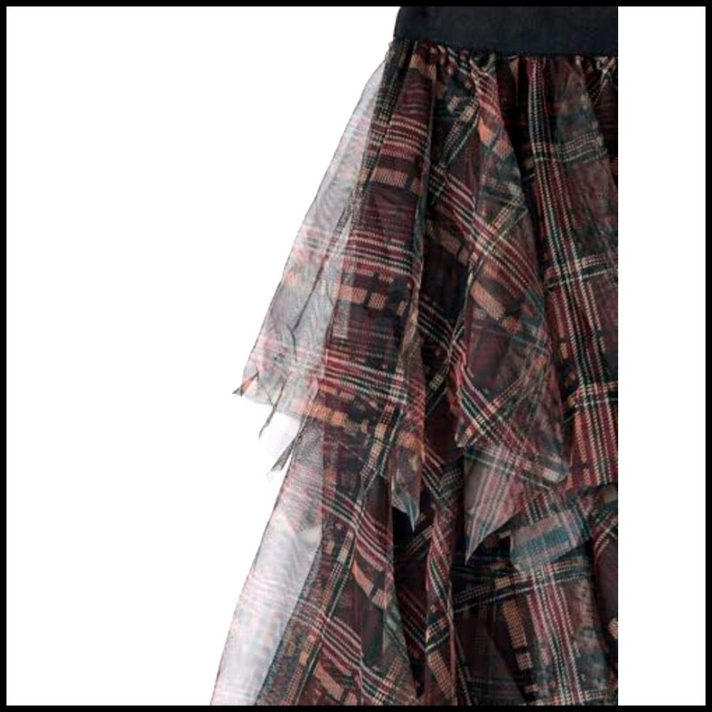 Tulle Mesh Plaid Skirt High Waist A Line Tiered Ruffle Long Skirt - Picture 2 of 5